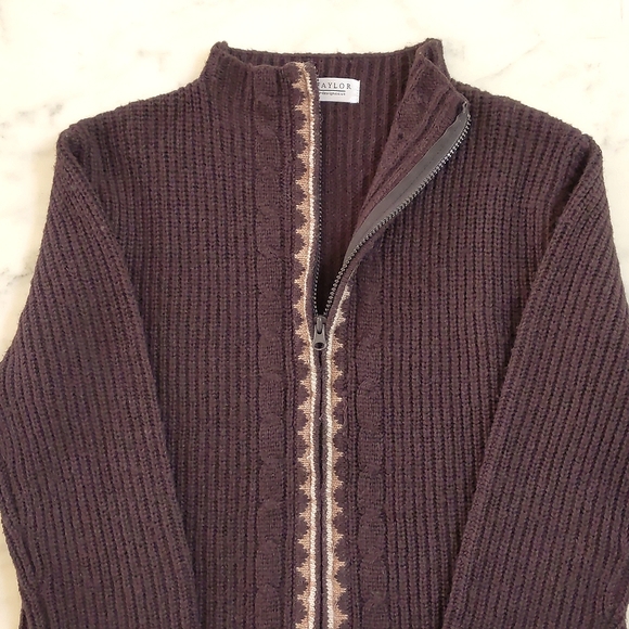 Woman's full zip and 1" neck cardigan sweater with multi color front design. - Picture 3 of 5